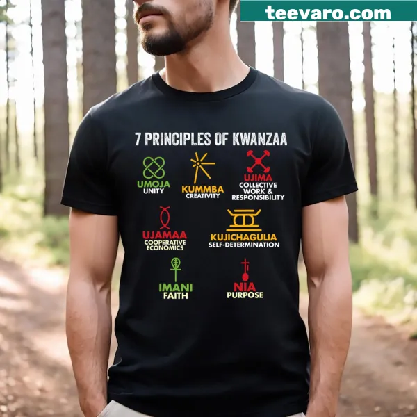 Kwanzaa principles T-shirt featuring African melanin symbolism