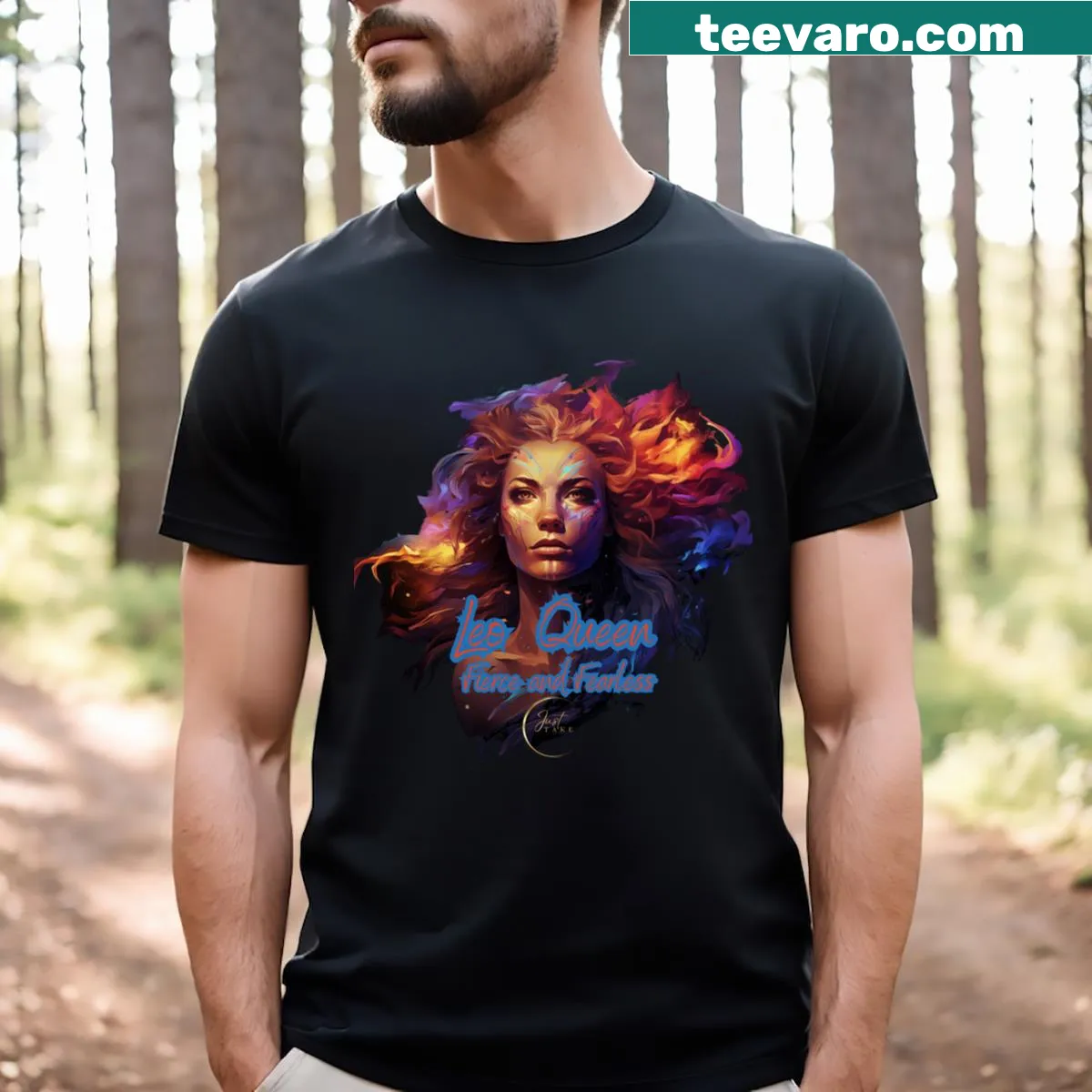 Empowering T-shirt with lioness graphic and 'Leo Queen' text. — on a men's t-shirt