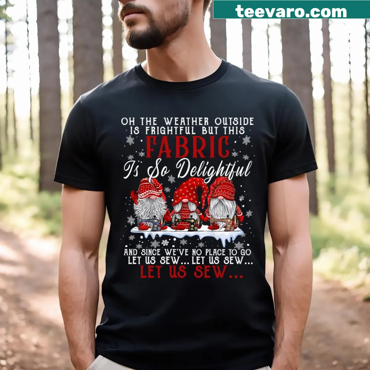 Whimsical Christmas tee with three gnomes sewing and quilting — on a men's t-shirt