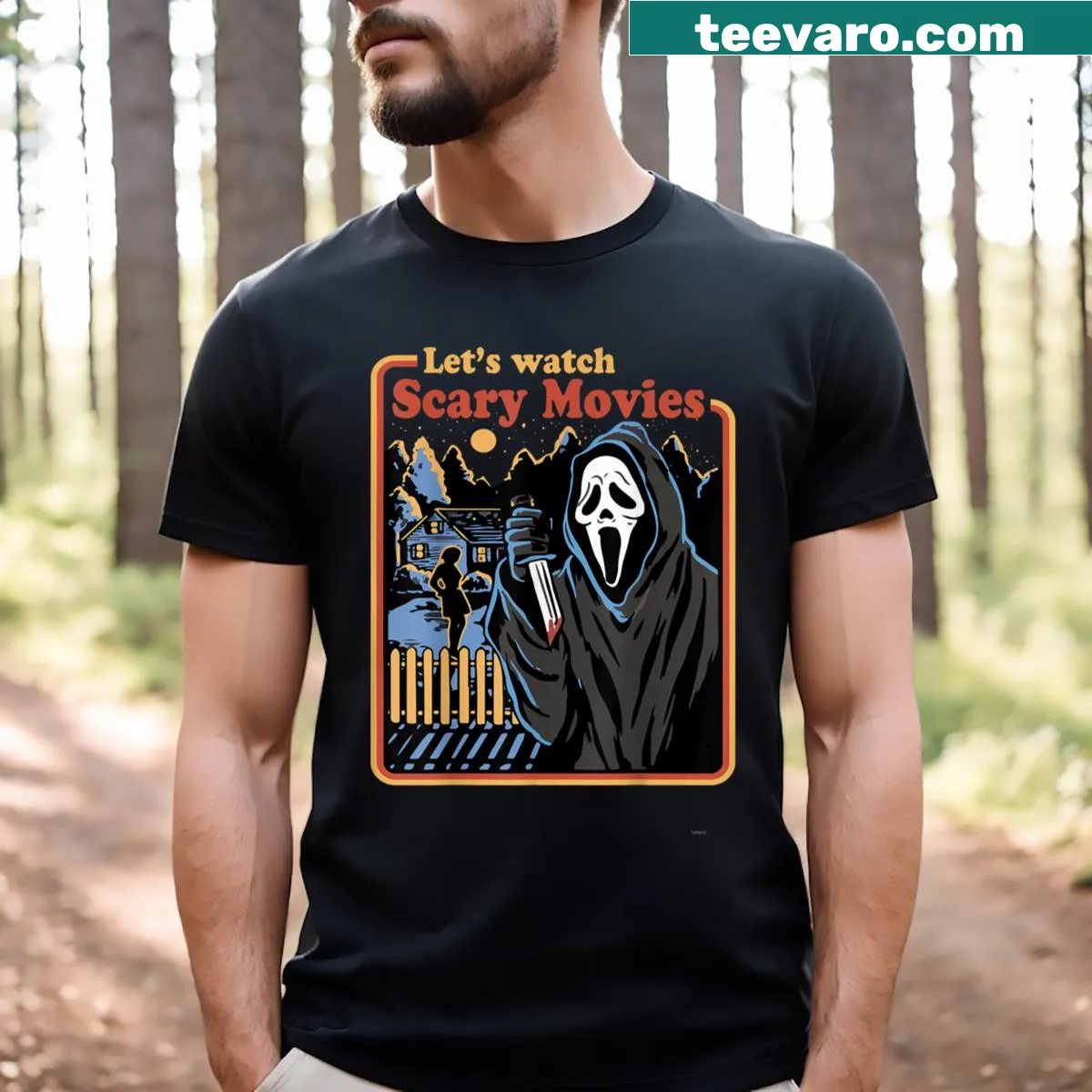 Horror-themed T-shirt with 'Lets Watch Scary Movies' text — on a men's t-shirt
