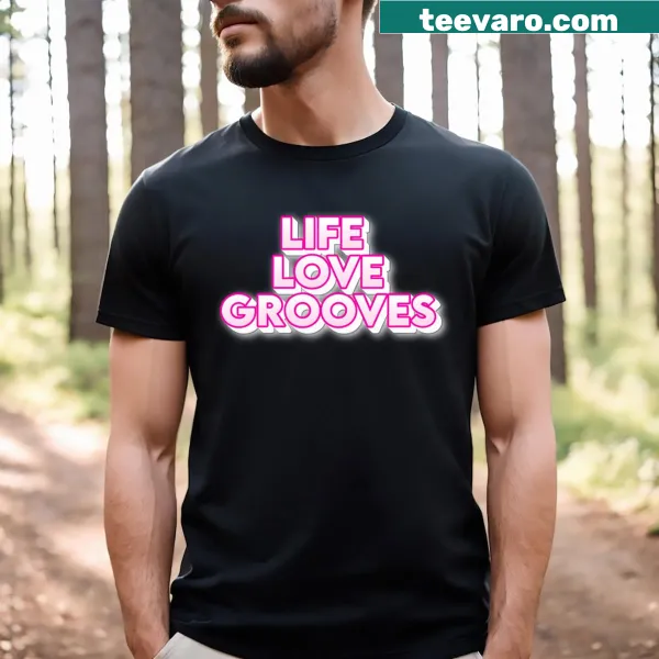 Music-themed t-shirt with 'Life Love Grooves' in playful typography