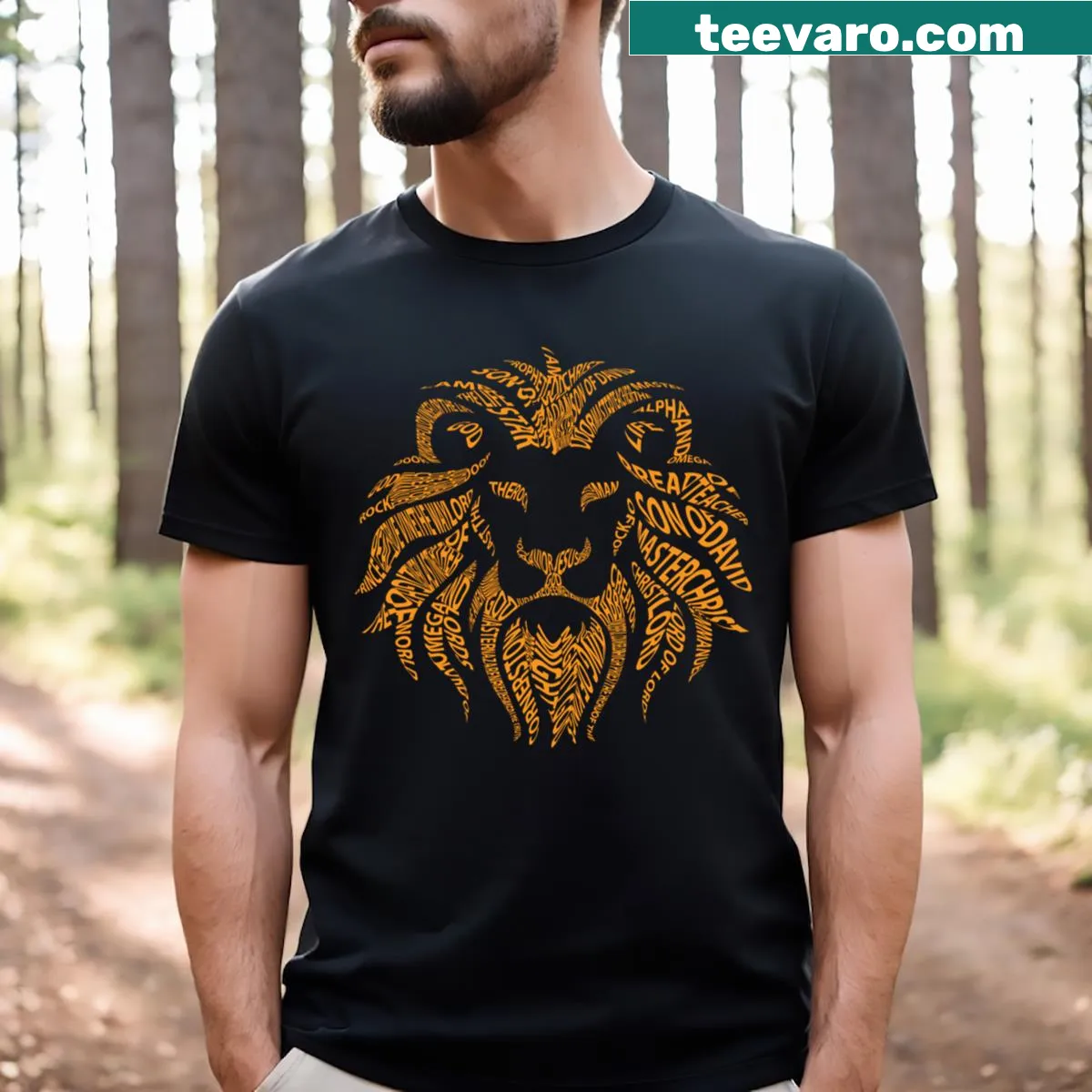 T-shirt featuring the phrase 'Lion of Faith' in a typographic style — on a men's t-shirt