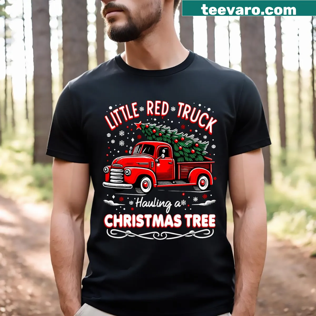 Whimsical t-shirt featuring a red truck with a Christmas tree. — on a men's t-shirt
