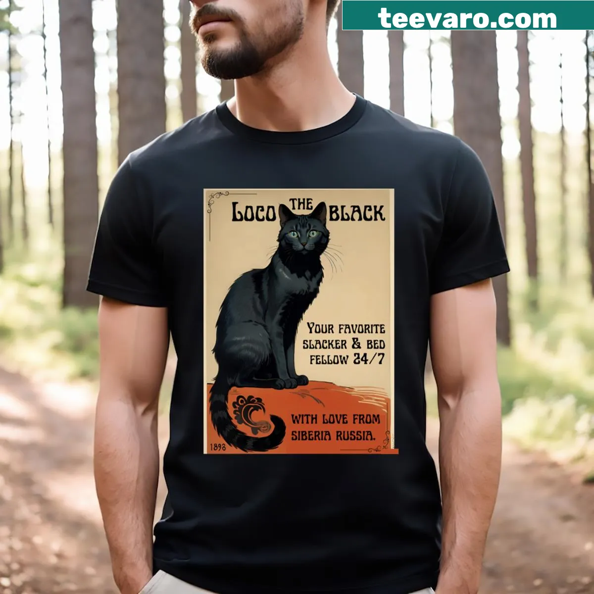 Illustrative t-shirt featuring Loco the Black, a Siberian dog — on a men's t-shirt