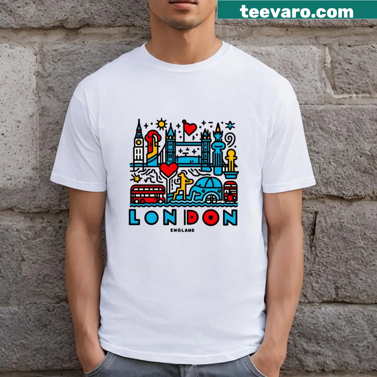 Artistic London-themed t-shirt featuring iconic landmarks in playful typography — on a men's t-shirt