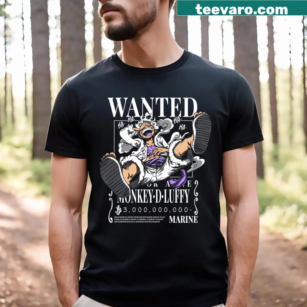 Cartoon Luffy in Gear 5 on a humorous bounty poster T-shirt — on a men's t-shirt
