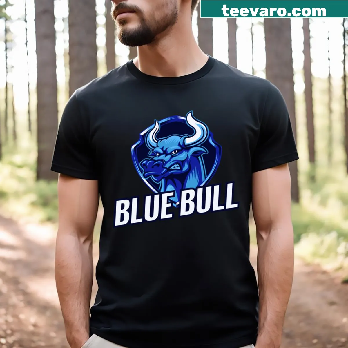 Illustrative blue bull graphic t-shirt — on a men's t-shirt