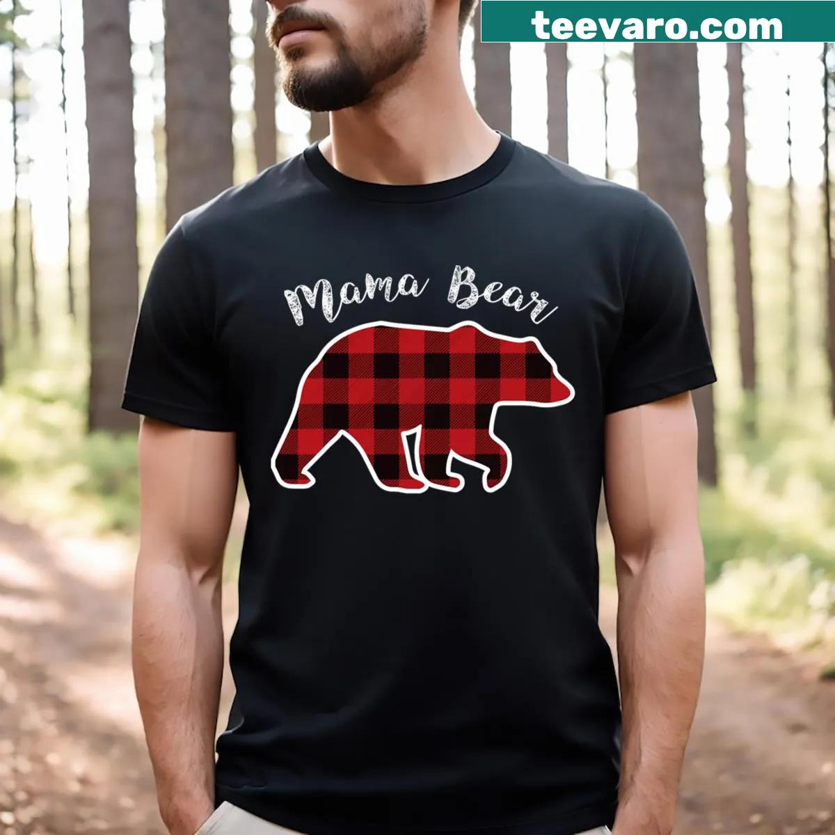 Mama Bear Christmas T-shirt with red plaid design — on a men's t-shirt