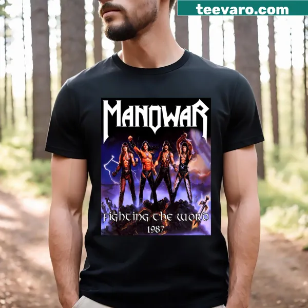 Manowar band graphic on a heavy metal T-shirt.