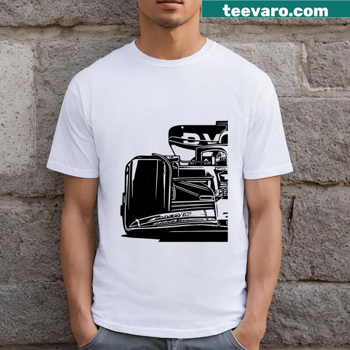 Max Verstappen RB19 Formula 1 car graphic t-shirt — on a men's t-shirt