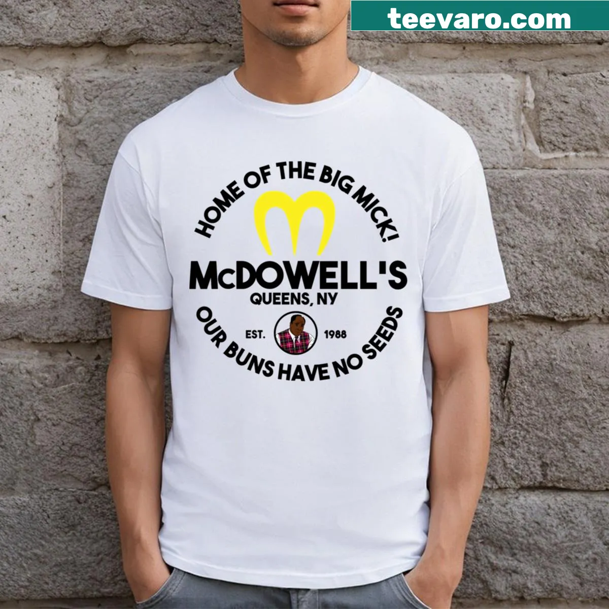 Funny T-shirt featuring McDowell's restaurant logo — on a men's t-shirt