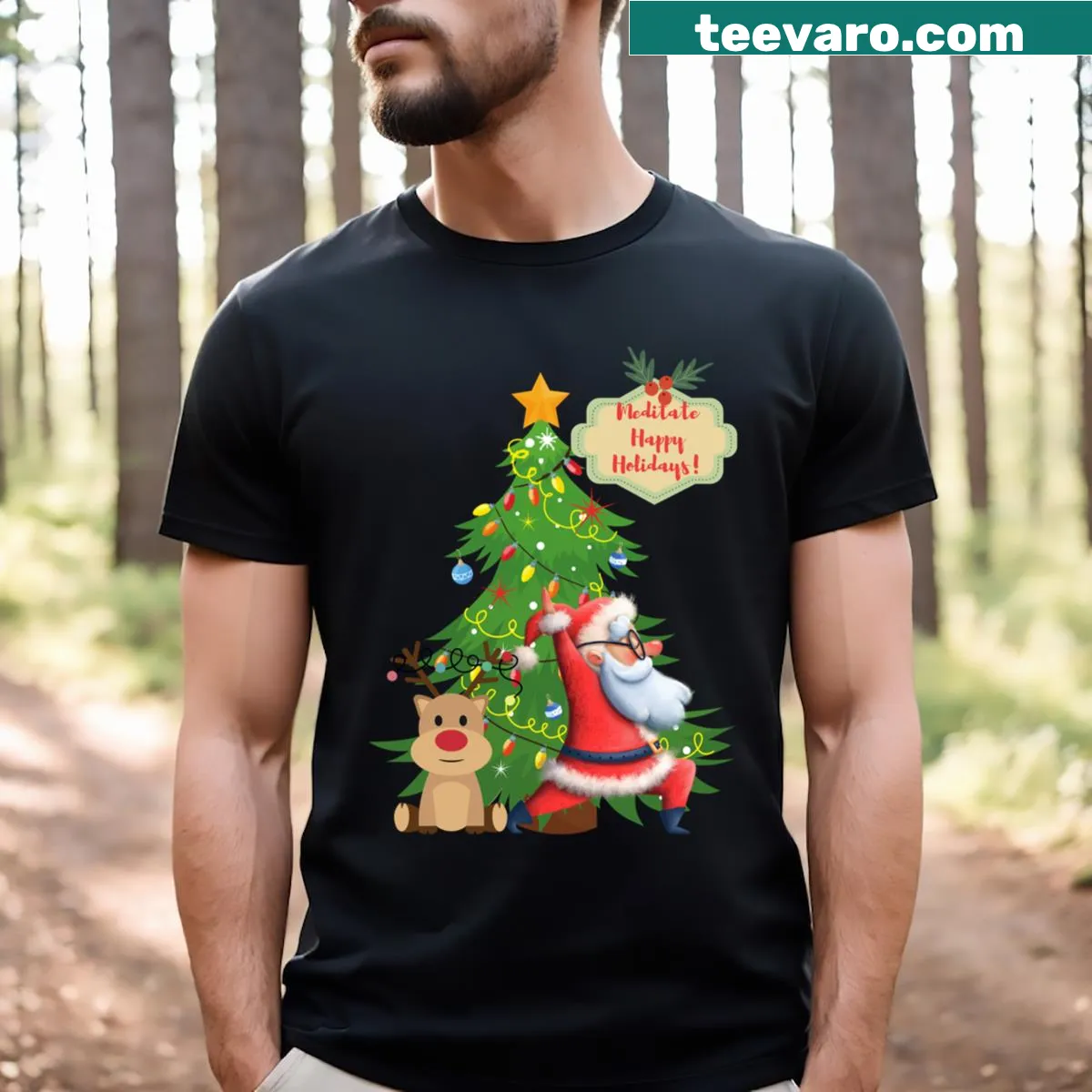 Typography graphic saying 'Meditate Happy Holidays' — on a men's t-shirt