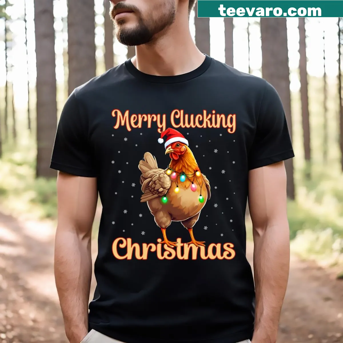 Funny Christmas t-shirt with a chicken pun and festive design — on a men's t-shirt