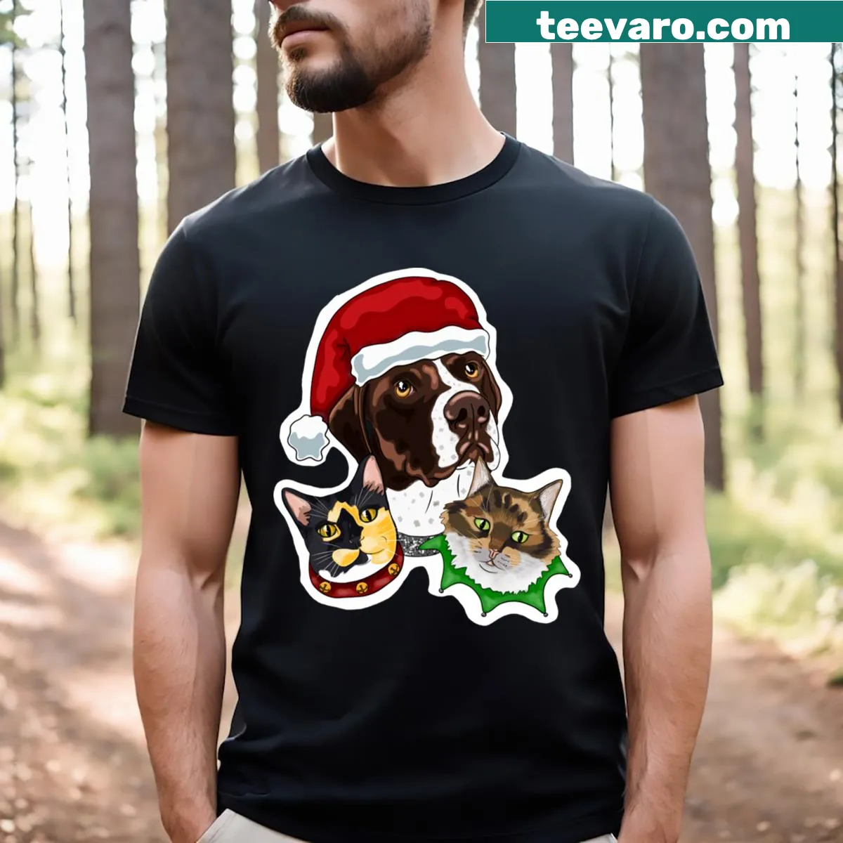 Adorable Christmas-themed shirt celebrating cats with festive illustrations — on a men's t-shirt
