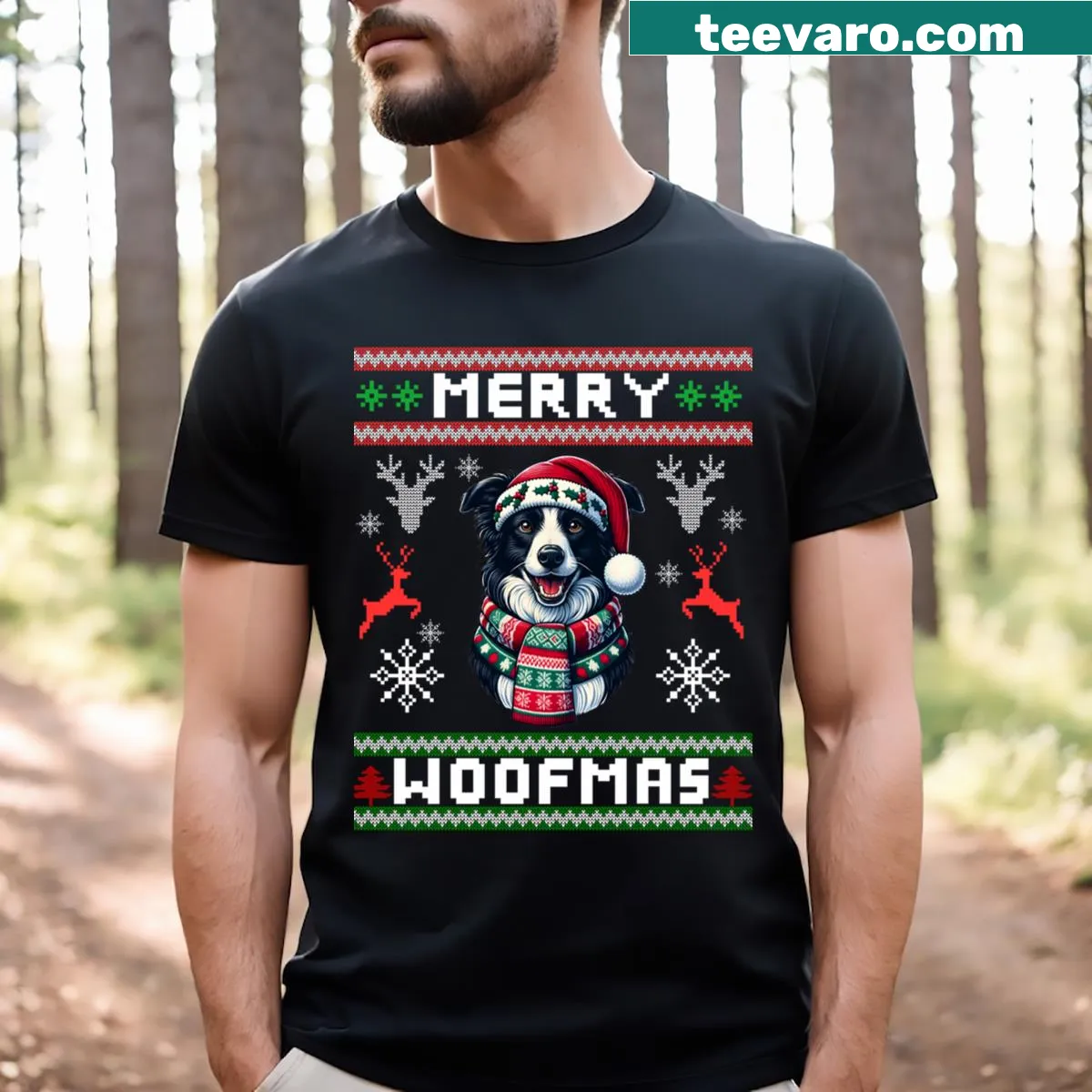 Happy Border Collie Christmas t-shirt with 'Merry Woofmas' text — on a men's t-shirt