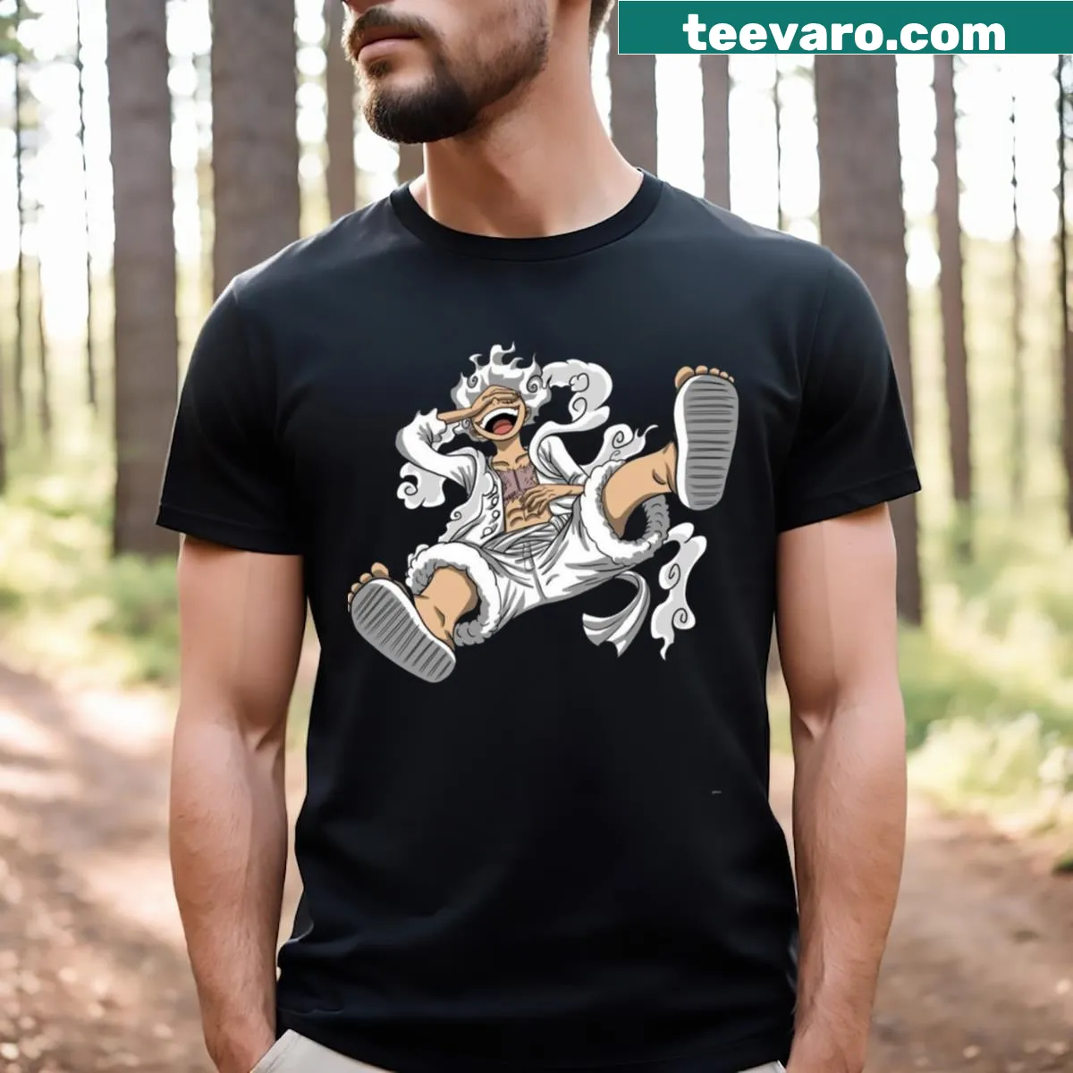 T-shirt featuring Monkey D. Luffy in his Gear 5 form in an action pose — on a men's t-shirt