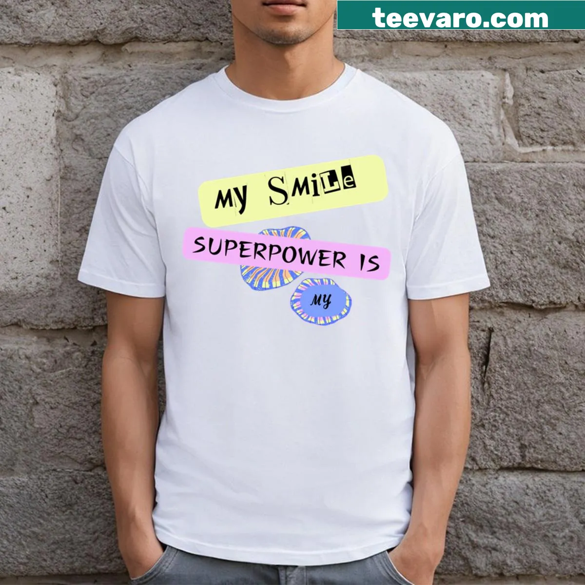 Inspirational T-shirt with the phrase 'My Superpower Is My Smile.' — on a men's t-shirt