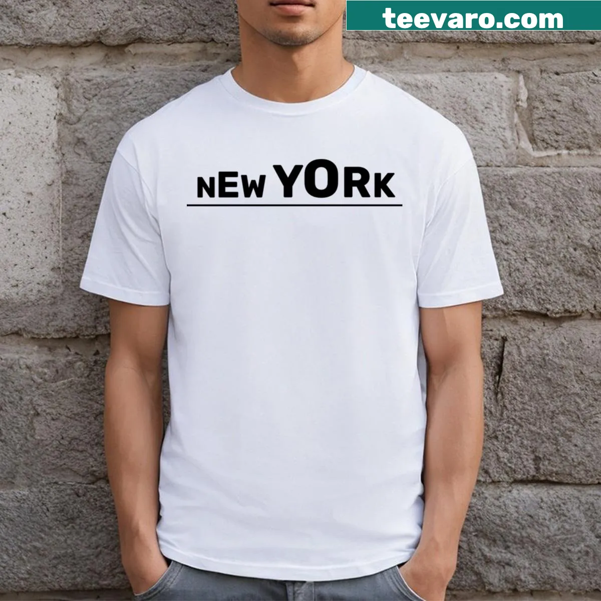Minimalist line-art T-shirt depicting New York skyscrapers — on a men's t-shirt