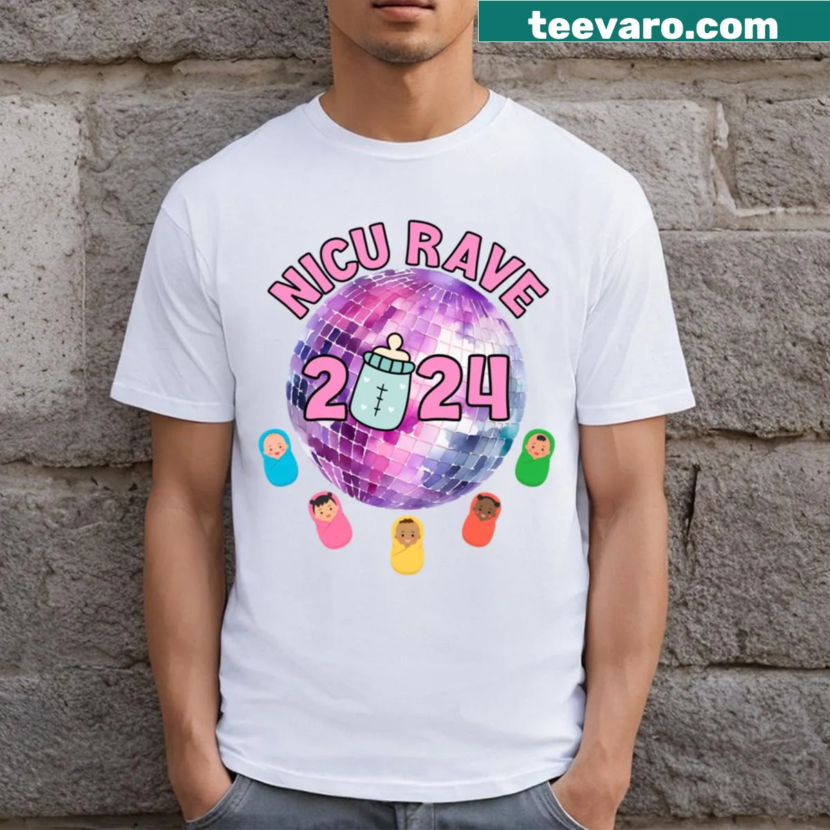 Energetic rave-themed T-shirt with lively graphics — on a men's t-shirt