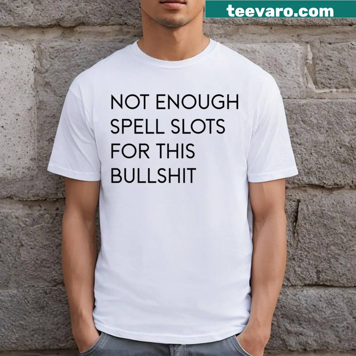 Gaming-themed t-shirt with the phrase 'Not Enough Spell Slots' — on a men's t-shirt