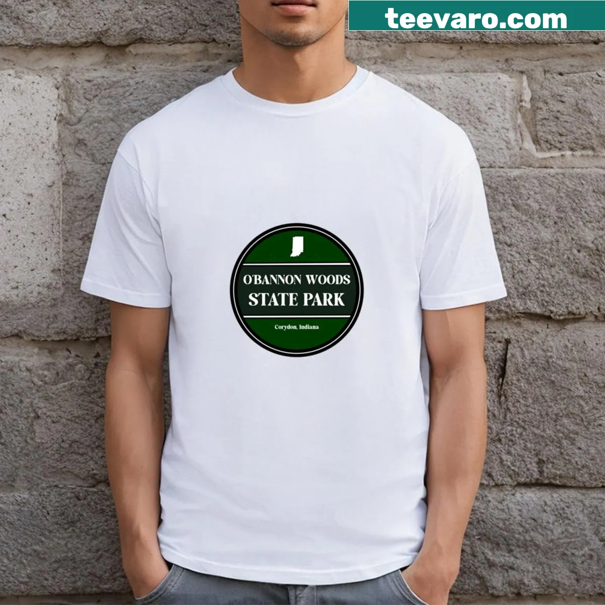 Artistic graphic of O'bannon Woods State Park on T-shirt — on a men's t-shirt