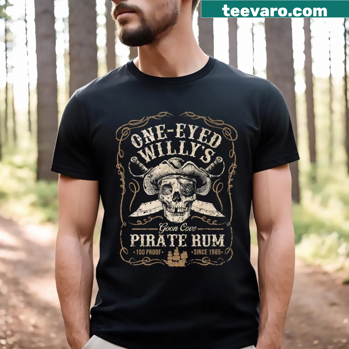 Pirate-themed T-shirt inspired by One Eyed Willy's adventure — on a men's t-shirt