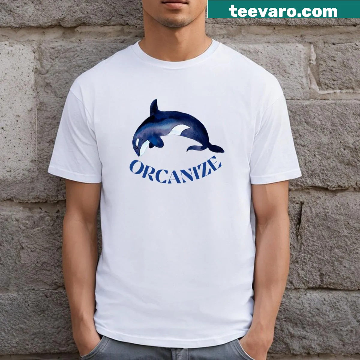 Cartoon orca graphic t-shirt promoting marine life conservation — on a men's t-shirt