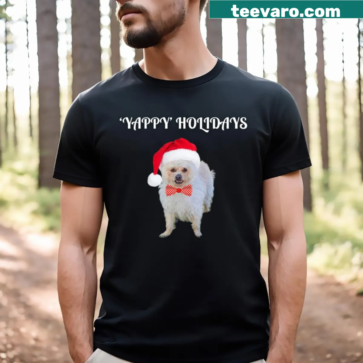 Adorable Christmas t-shirt featuring Ozzie the dog — on a men's t-shirt