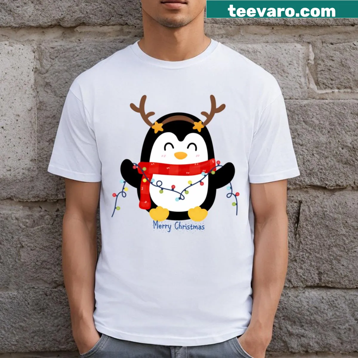 Cute penguin with Christmas lights on a festive t-shirt — on a men's t-shirt