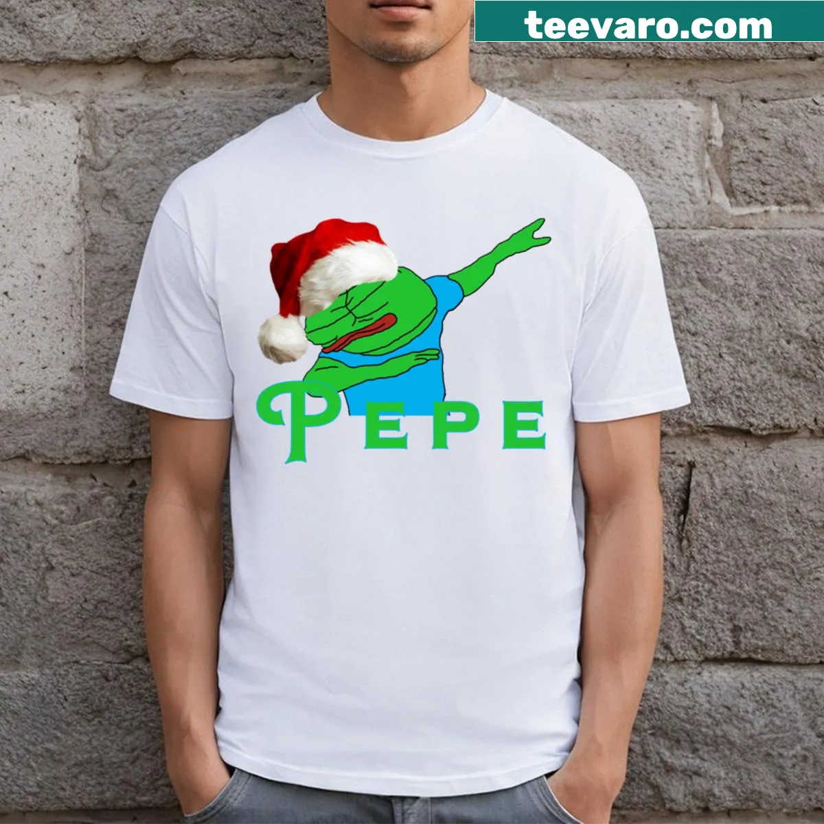 Funny Pepe the Frog Christmas t-shirt with festive designs — on a men's t-shirt