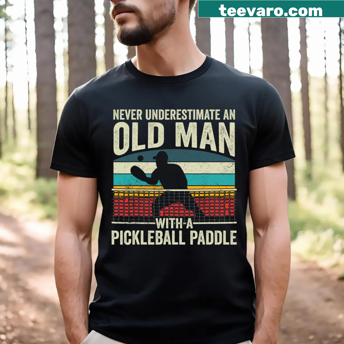 Illustrative pickleball player graphic on a men's t-shirt — on a men's t-shirt
