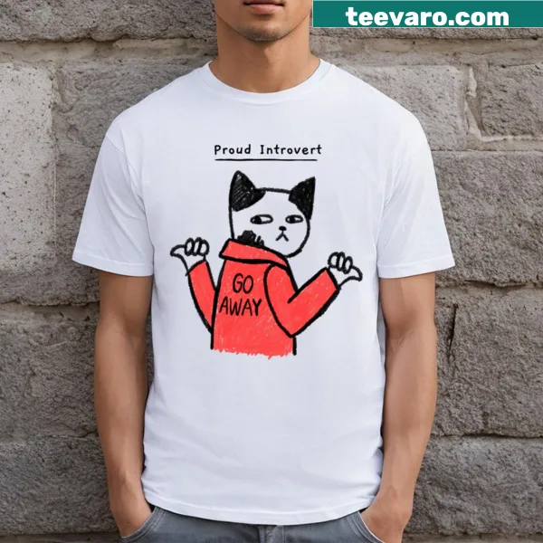 Cartoon cat t-shirt with 'Proud Introvert Go Away' text