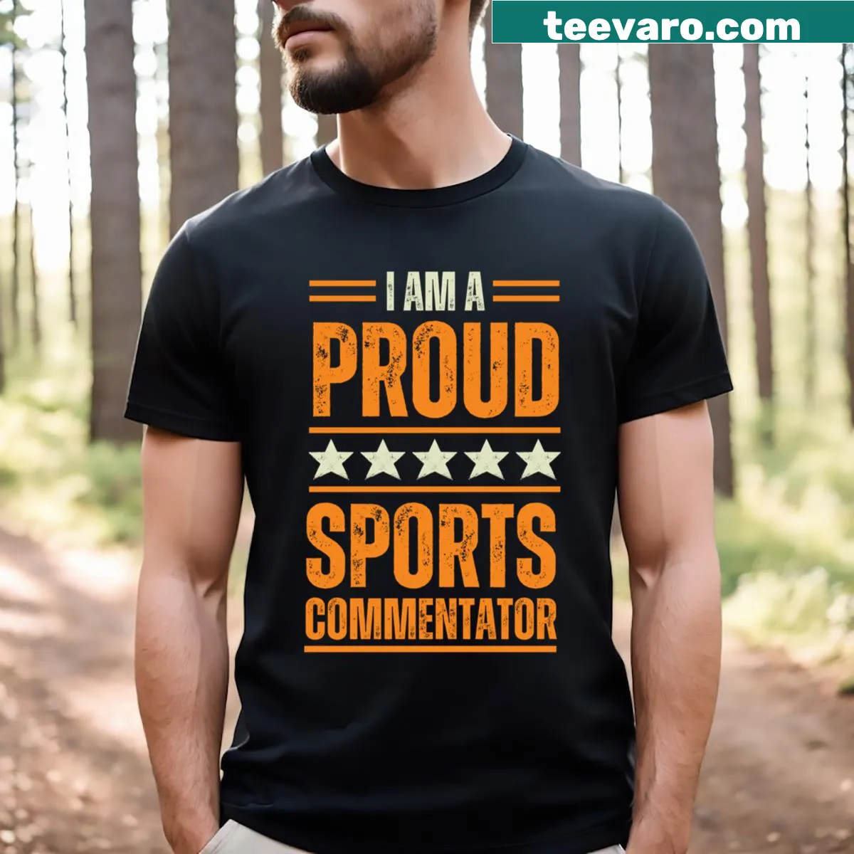 Bold typography t-shirt for proud sports commentators and enthusiasts. — on a men's t-shirt