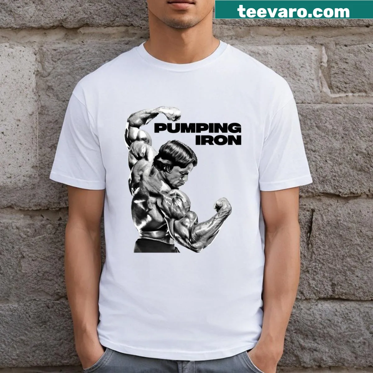 Illustration of Arnold Schwarzenegger in a dynamic pose on T-shirt — on a men's t-shirt