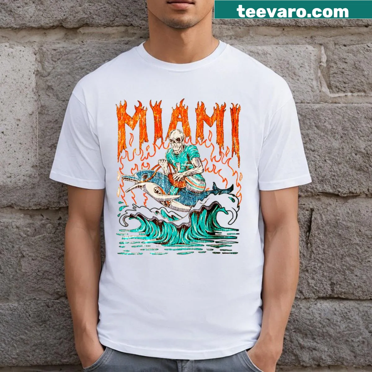Vintage Miami Dolphins graphic on a funny T-shirt. — on a men's t-shirt