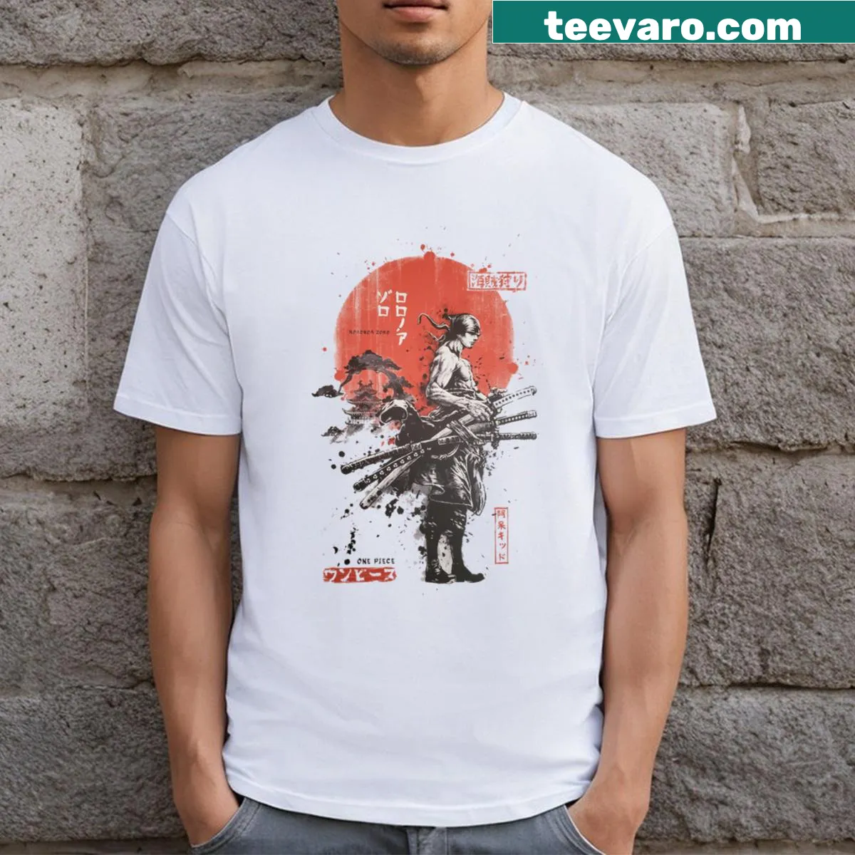 Graphic tee featuring Roronoa Zoro from anime in action — on a men's t-shirt