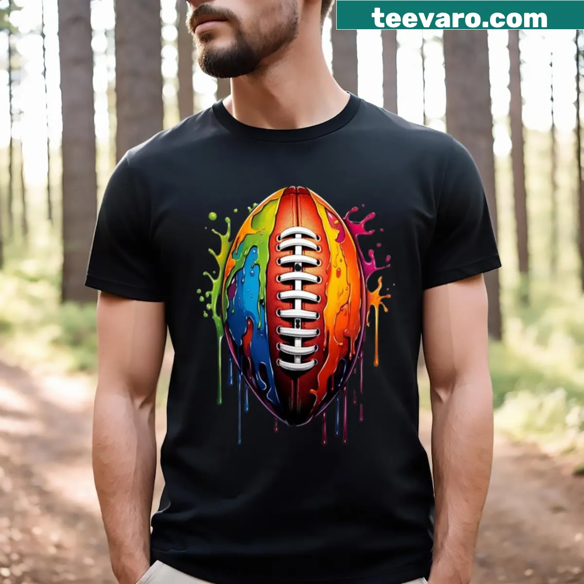 T-shirt featuring sports-themed graphic design with rugby, soccer, and baseball — on a men's t-shirt