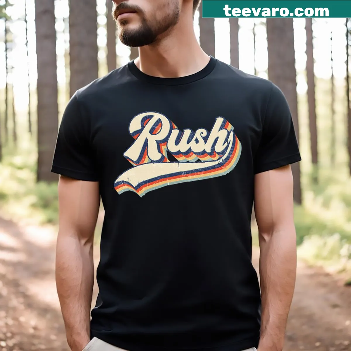 Vintage style Rush surname t-shirt with retro font. — on a men's t-shirt