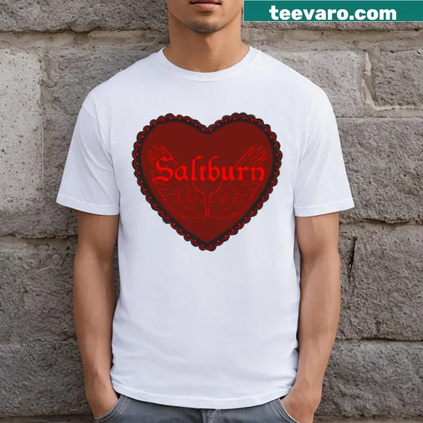Playful T-shirt featuring Saltburn film heart and angel wings logo