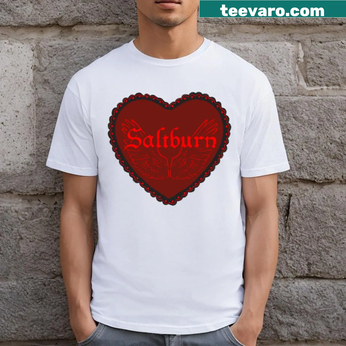 Playful T-shirt featuring Saltburn film heart and angel wings logo — on a men's t-shirt