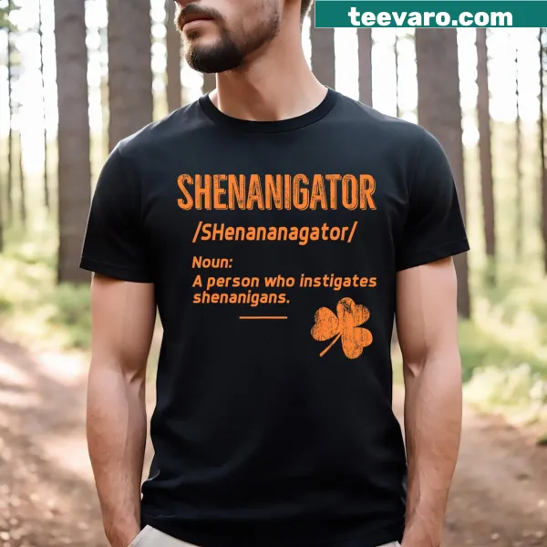 Funny T-shirt with playful typography saying 'Shenanigans' for St. Patrick's Day