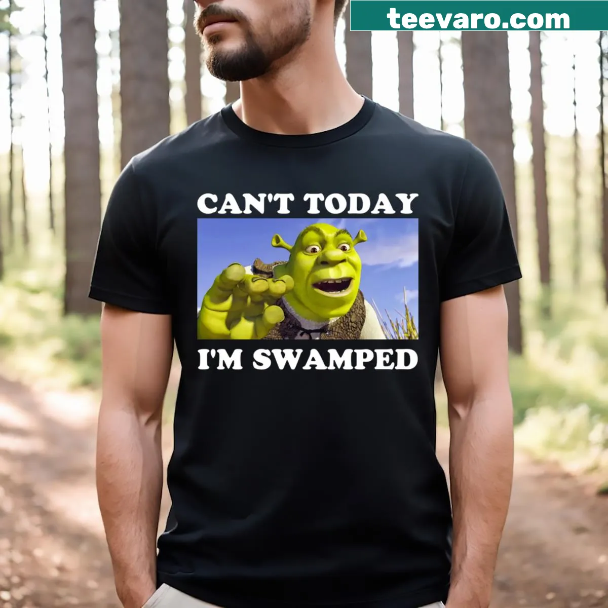 Shrek-themed t-shirt with humorous text about being swamped — on a men's t-shirt