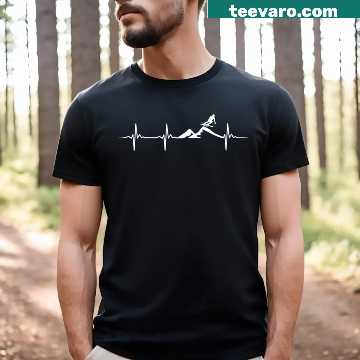 T-shirt featuring a heartbeat design with skiing and snowboarding elements — on a men's t-shirt