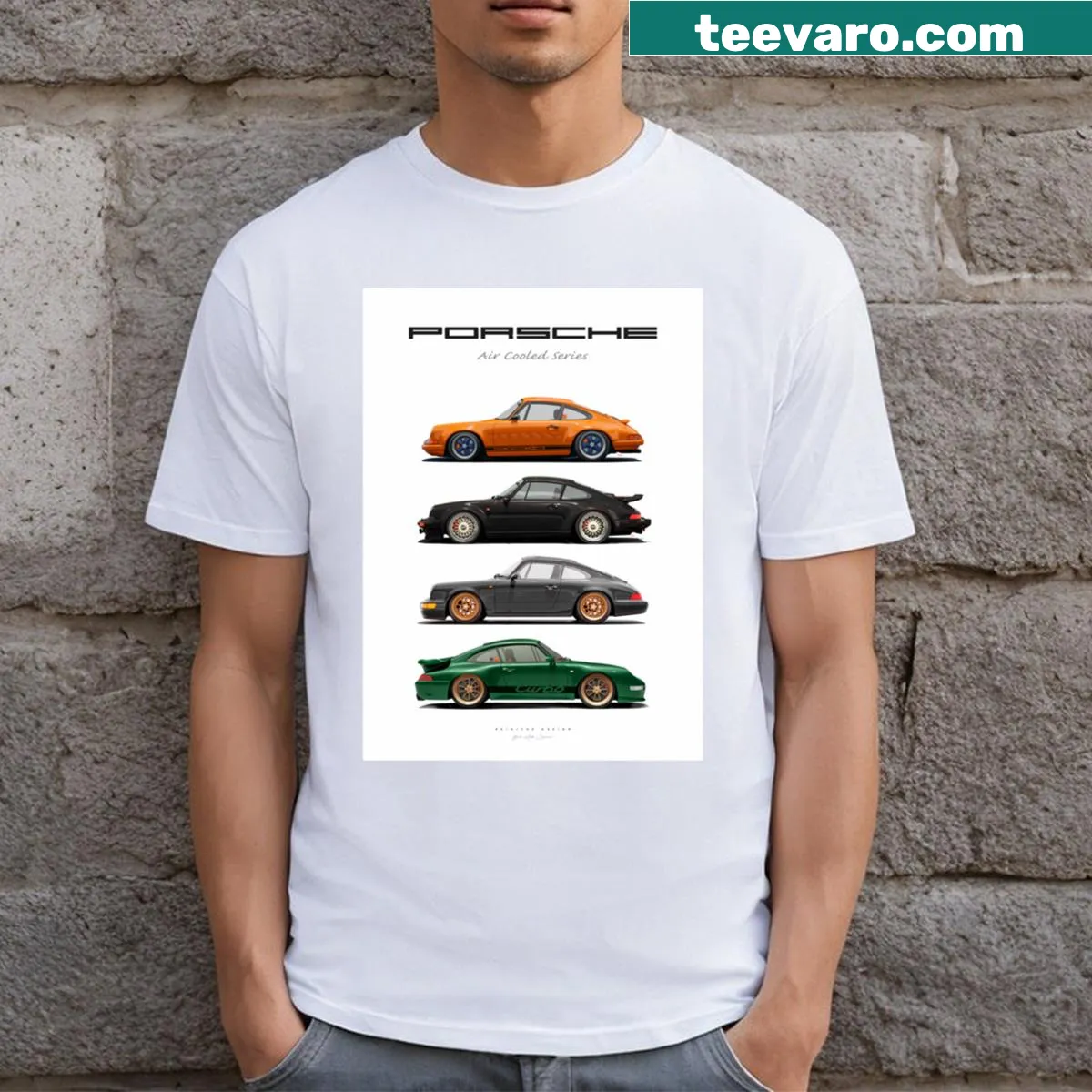 Realistic depiction of a sports car from the 911 Air range — on a men's t-shirt