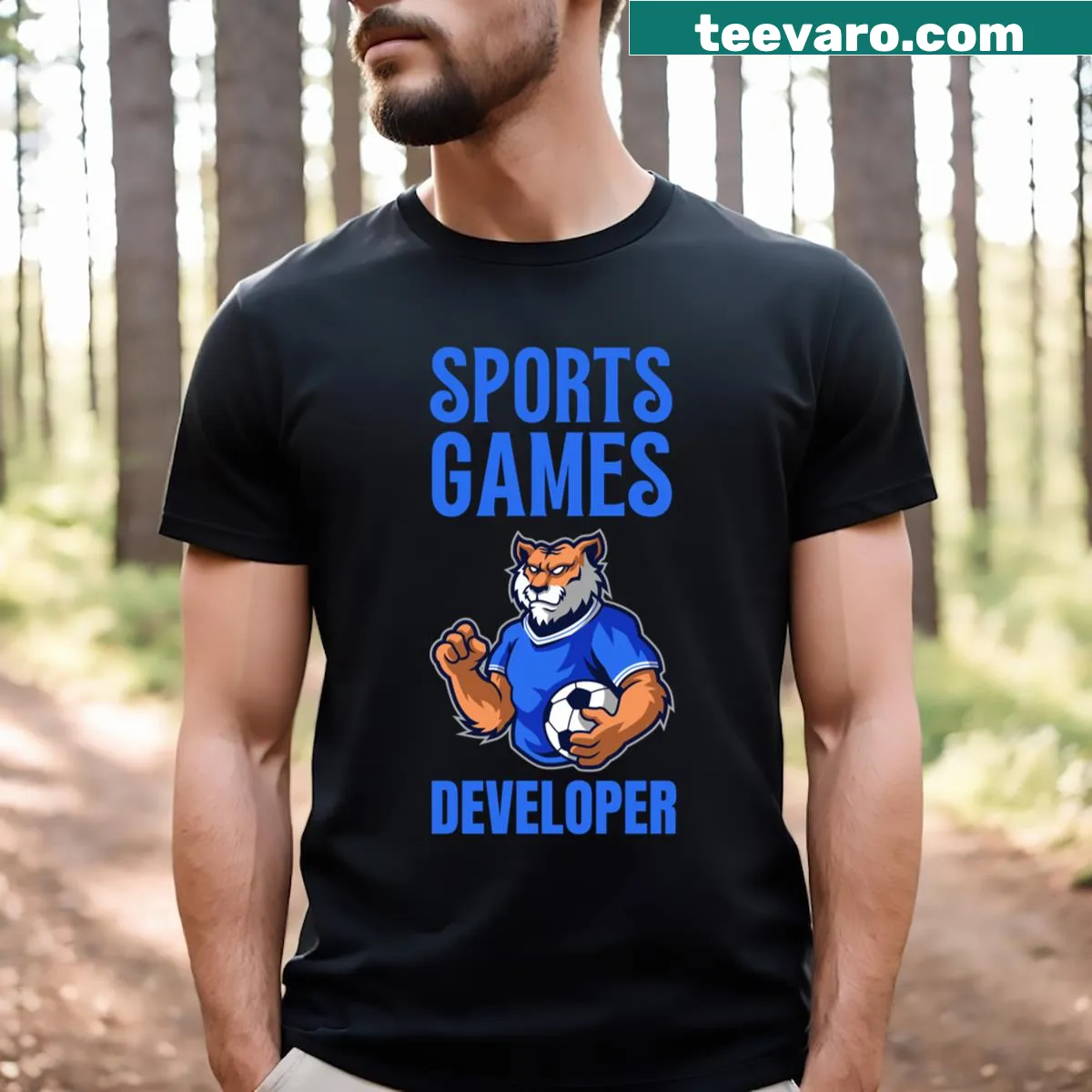 Graphic t-shirt celebrating sports game developers — on a men's t-shirt
