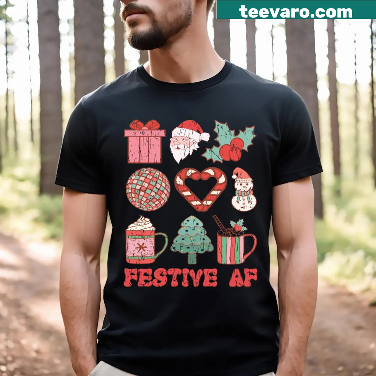 Heartwarming Christmas design featuring Santa and a tree — on a men's t-shirt