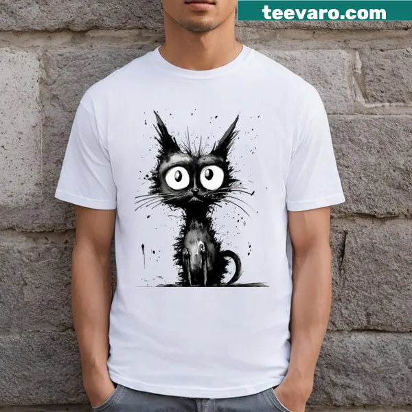 Whimsical illustration of a stupefied cat in black and white