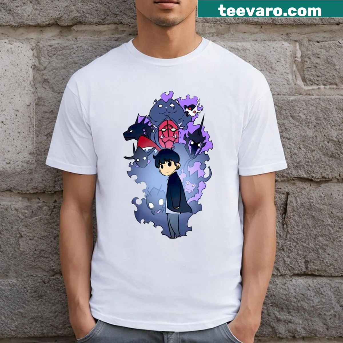 Illustrated Sung Jinwoo and Shadows T-shirt featuring dark fantasy graphic. — on a men's t-shirt