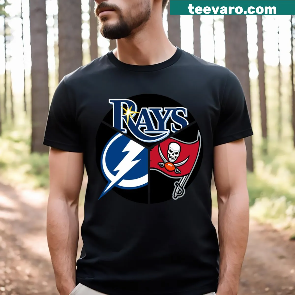 Bold typography Tampa Bay sports teams t-shirt — on a men's t-shirt
