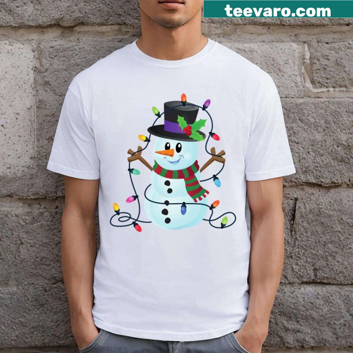 Whimsical Christmas T-shirt with tangled lights and ornaments — on a men's t-shirt